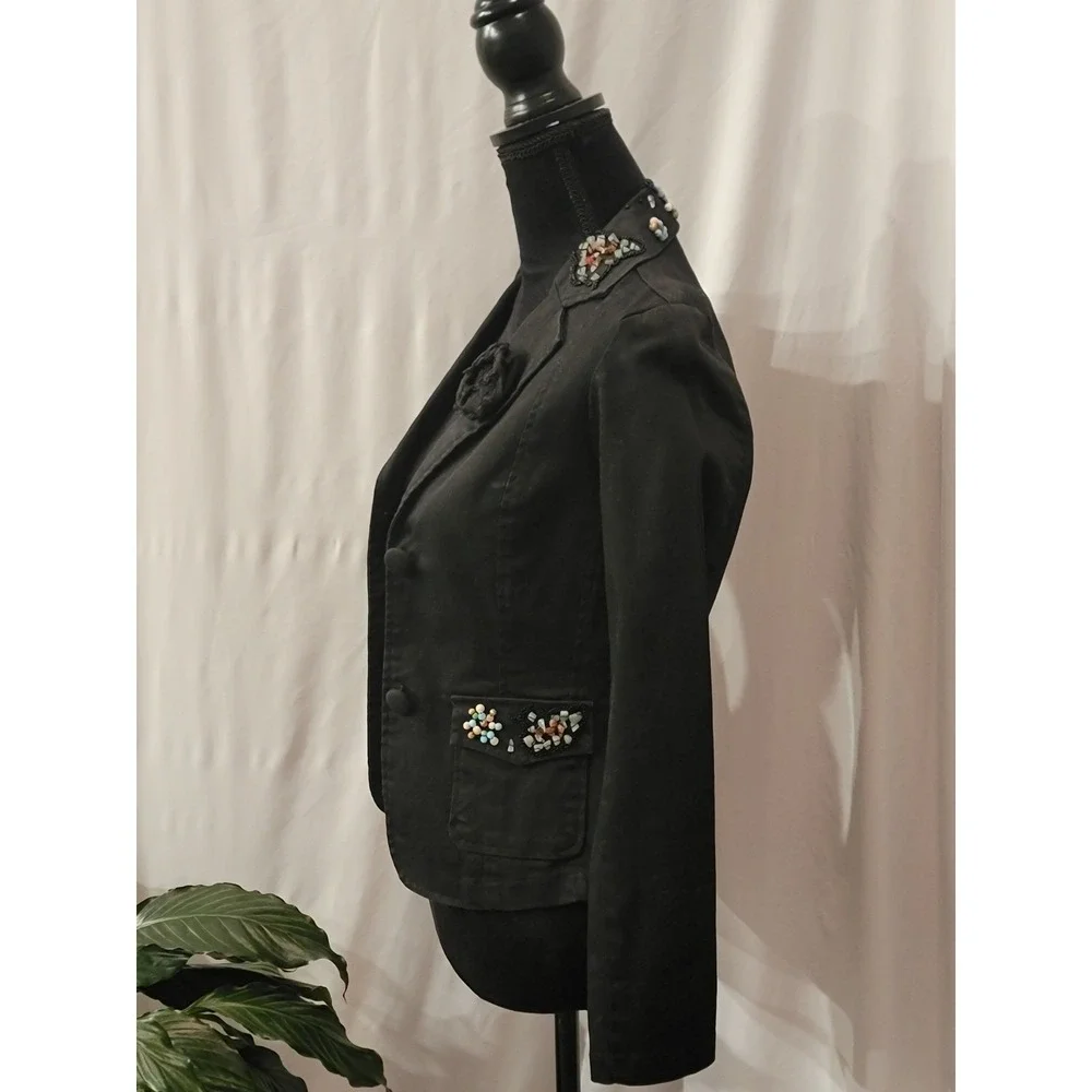Zoompy Vintage Black Embellished Blazer Jacket Small Floral‎ Beaded Rosette